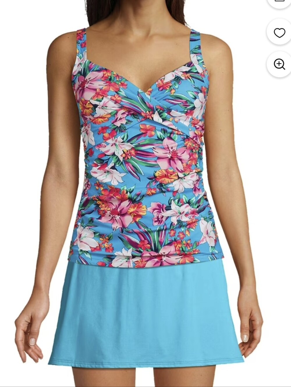 Lands' End Turquoise Floral Ruched Tankini Top with Pink Accents